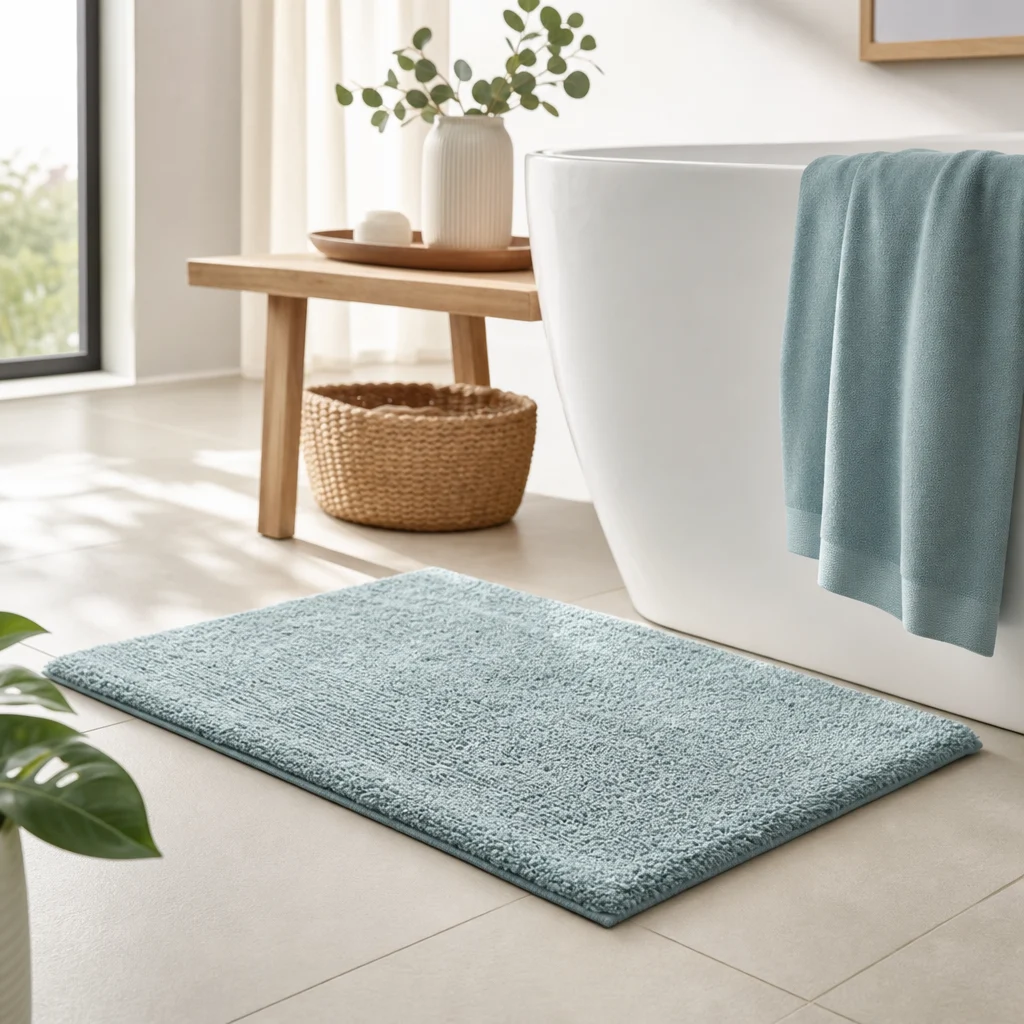 bath mat in einem hellen, aufgeräumten Badezimmer mit ruhigem, harmonischem Stil